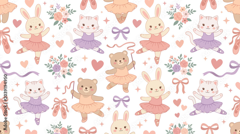 Fototapeta premium Cute Ballet Dancers Seamless Pattern: Cats, Rabbits, Bears in Tutus Vector