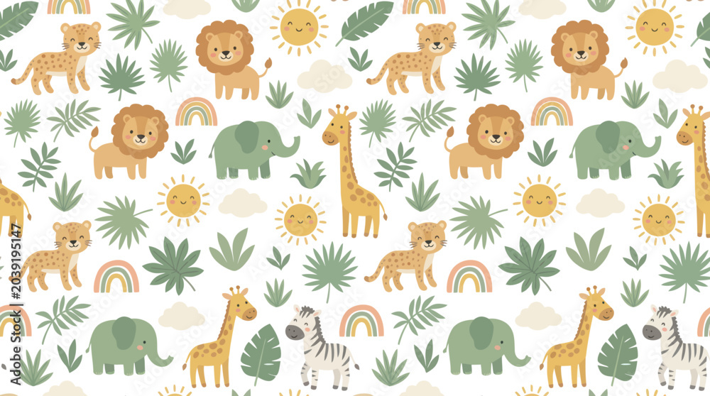 Fototapeta premium Cute Jungle Animals and Tropical Leaves Pattern