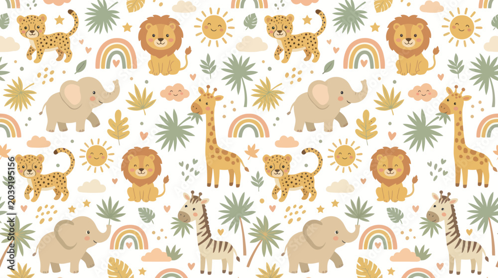 Fototapeta premium Cute Safari Animals Seamless Pattern, Flat Illustration, Jungle Kids Wallpaper