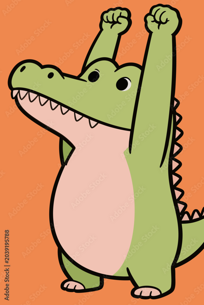 Obraz premium Cute cartoon crocodile cheering with raised arms