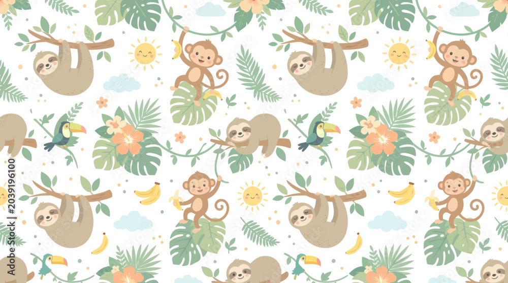 Fototapeta premium Cute Jungle Animals Seamless Pattern: Sloths, Monkeys, Toucans Tropical Leaves - Flat Vector Illustration for Kids Nursery
