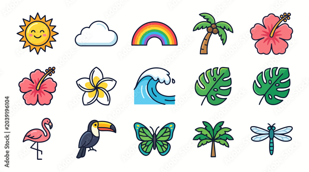 Obraz premium Set of colorful hand drawn tropical summer elements and icons.