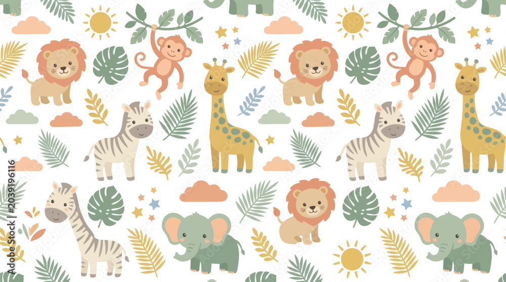 Fototapeta premium Cute Jungle Animals Pattern, Lion, Monkey, Zebra, Giraffe, Elephant, Flat Style