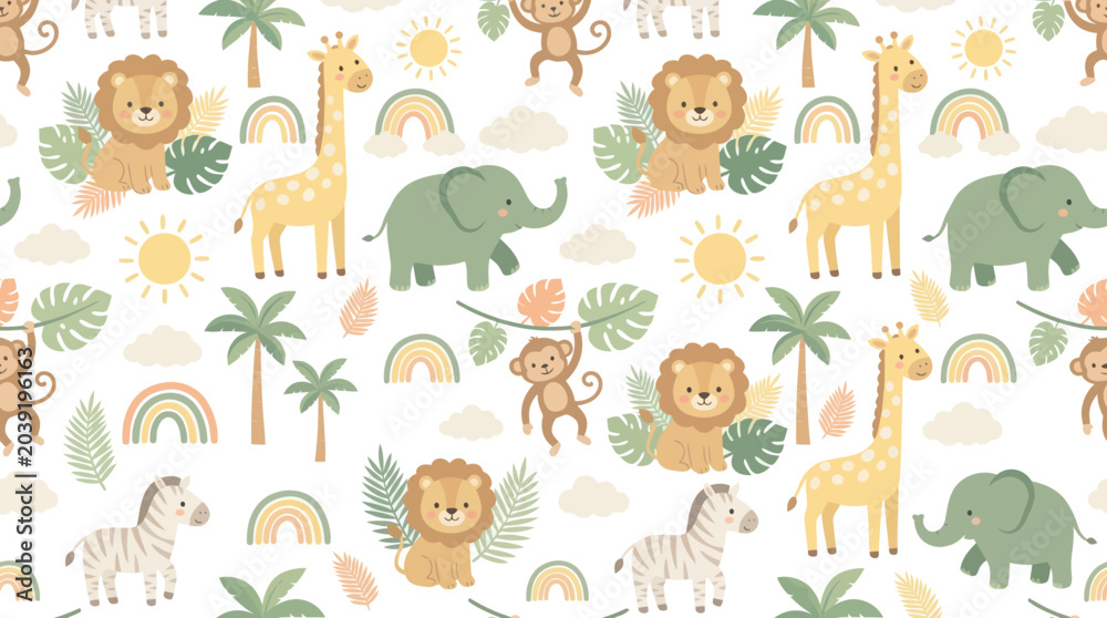 Obraz premium Cute Cartoon Flat Vector Seamless Pattern: Safari Jungle Animals, Rainbows Tropical Plants for Kids Nursery