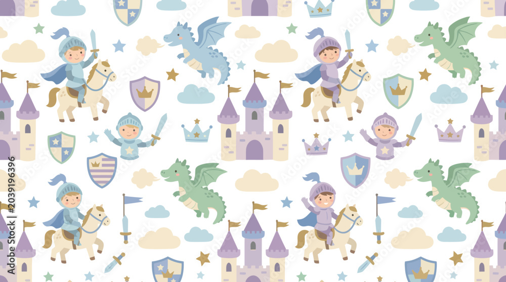 Obraz premium Cute Knight Riding Horse Dragon Castle Seamless Pattern Vector Art Style