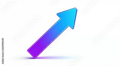 Glassy arrow points up with purple blue gradient. Symbolizes growth progress increase success achievement rising climb direction moving forward. Isolated 3D render on white.