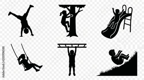 Set of silhouettes showing children playing outdoors.
