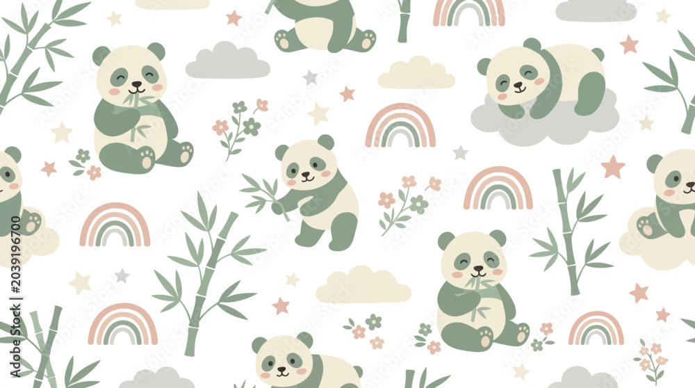 Obraz premium Cute Baby Panda Cartoon Vector Seamless Pattern for Children's Nursery Fabric and Wallpaper Design