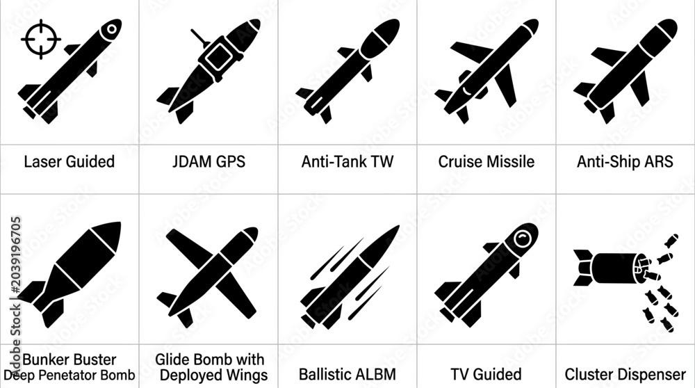 Naklejka premium Set of ten military aerial bombs and missiles icons in vector style.