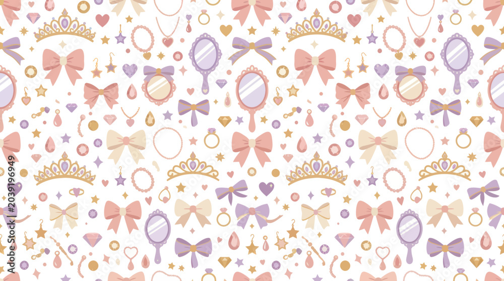 Naklejka premium Pastel Princess Accessories Flat Vector Seamless Pattern: Tiaras, Bows, Mirrors, and Jewelry for Girls
