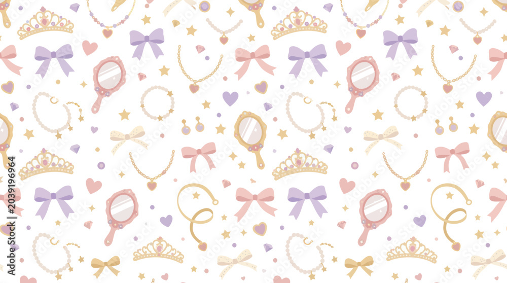 Naklejka premium Adorable Princess Pattern: Tiara, Mirror, Necklace, Bows - Cute Vector Art