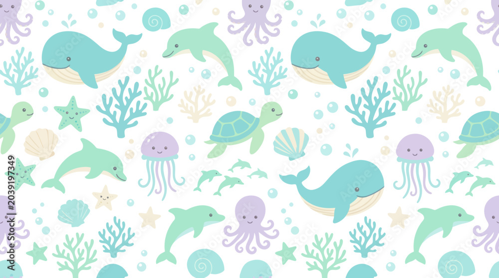Fototapeta premium Cute Underwater Seamless Pattern with Whales, Dolphins, Turtles, Jellyfish, and Corals