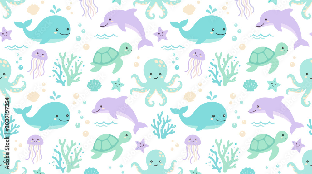 Fototapeta premium Cute Ocean Animal Seamless Pattern: Whales, Dolphins, Turtles, Octopuses, Jellyfish - Flat Illustration