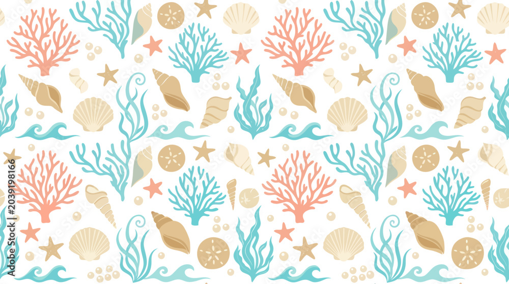 Fototapeta premium Seamless Pattern: Coral, Shells, Seaweed, Stars, Waves - Nautical Vector Art