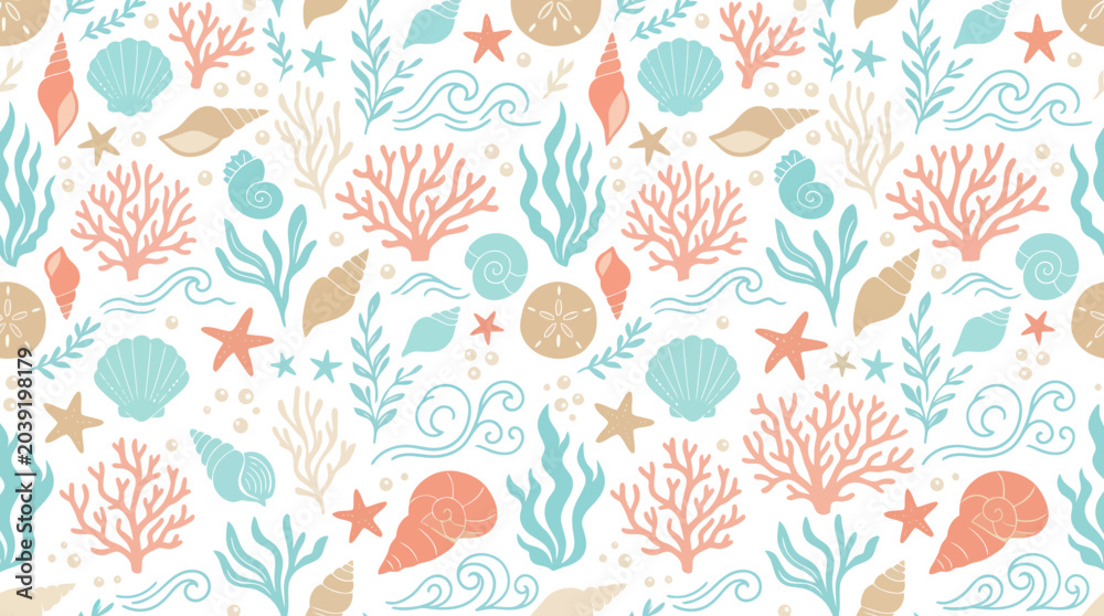 Obraz premium Seamless Underwater Ocean Pattern: Coral, Shells, Waves, Starfish - Flat Art