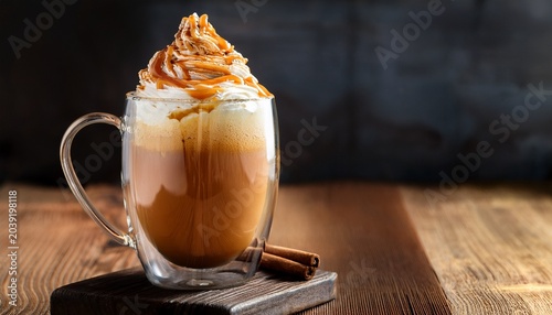 caramel macchiato with whipped cream and caramel drizzle in a glass mug