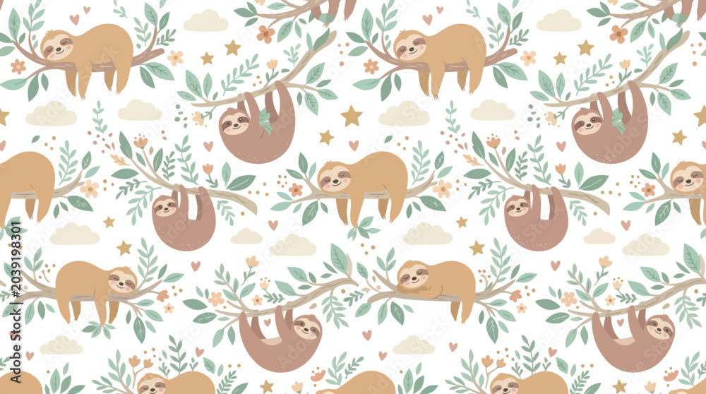 Fototapeta premium Cute Cartoon Sloth Seamless Pattern. Hand-drawn Animal Illustration for Kids Nursery, Textile, and Baby Decor.