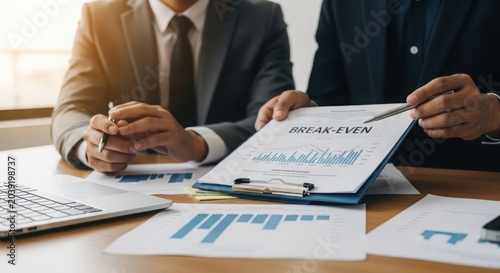 Business professionals analyzing break-even point on financial documents during a meeting