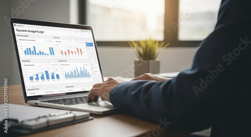 Corporate finance manager reviewing data analytics and financial reports on a laptop in an office setting