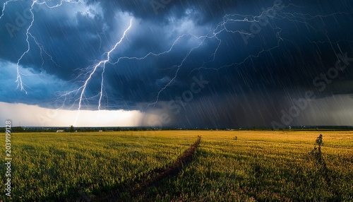 rainstorm weather strong storm accompanied by lightning and thunder dark clouds in the sky rain poured down
