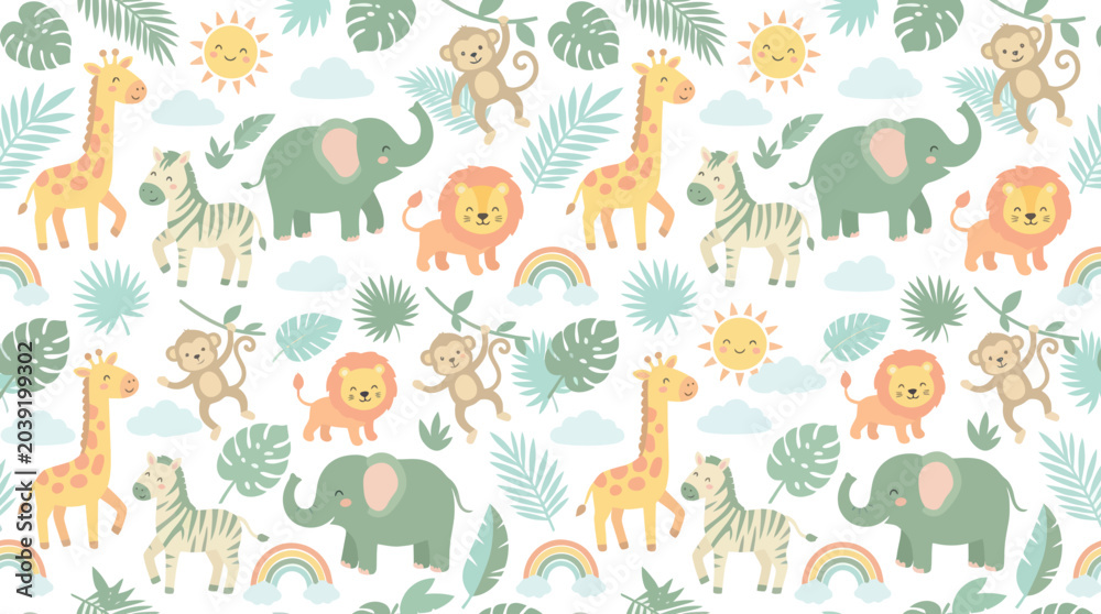 Fototapeta premium Children's Cute Safari Animals Seamless Pattern. Flat Vector Illustration for Baby Nursery Fabric Design
