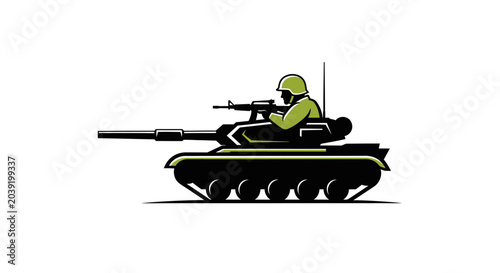 Military Battle Tank with Soldier in Combat Gear Illustration.