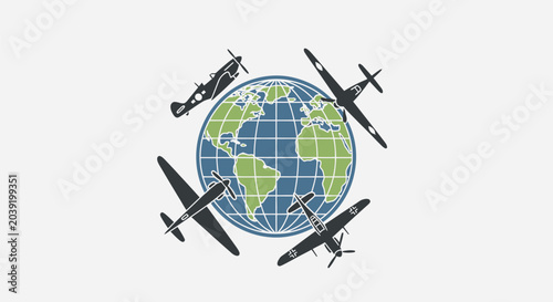 Vintage World War II Fighter Aircraft Flying Around a Globe Illustration.