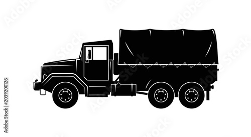 Silhouette of a heavy military cargo truck with a covered bed.