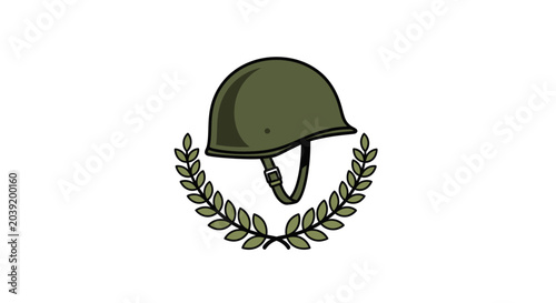 Vintage Military Helmet Emblem with Laurel Wreath Illustration.