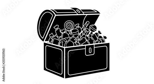 Schilderij op canvas Treasure chest overflowing with assorted sweet candy and sugary treats represents the joy of discovery and the indulgence of childhood rewards