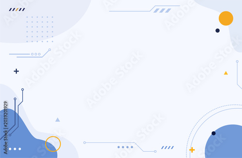 Modern abstract technology background with geometric shapes, circuit lines, and blue organic blobs on a clean white backdrop. Perfect vector template for digital banners, corporate presentations, and 