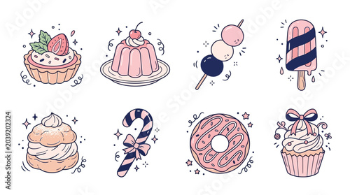 Bild auf Leinwand A charming collection of cute, pastel-colored desserts and sweets, including a tart, jelly, mochi, ice cream, cream puff, candy cane, donut, and cupcake, all rendered in a delightful kawaii art style