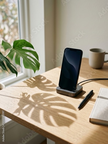 Modern smartphone on wireless charging stand on sunny minimalist workspace with smartphone, charging