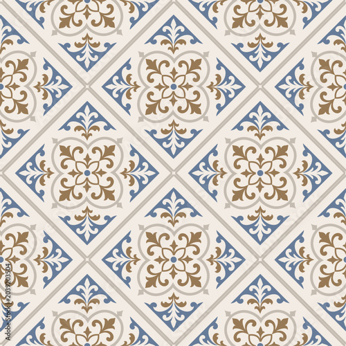 Vintage Blue Beige Moroccan Tile Seamless Pattern Elegant Ceramic Wallpaper