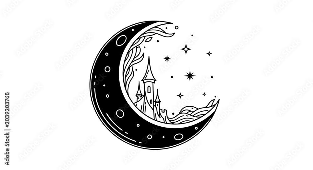 Obraz premium Whimsical Crescent Moon with Fairytale Castle and Stars Illustration. Magical Celestial Line Art Design for Fantasy Concepts.