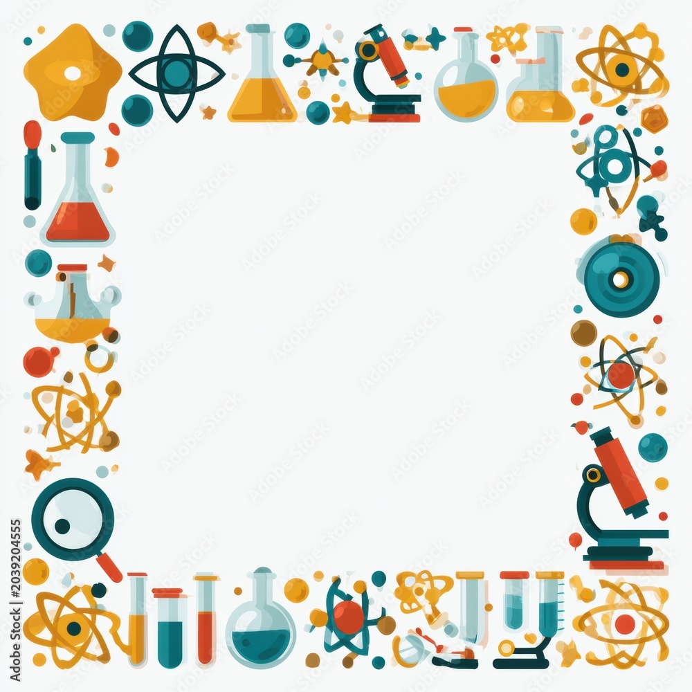 Naklejka premium A vibrant flat border made of science icons like atoms flasks and microscopes in a teal and amber palette surrounds a clean white central area.