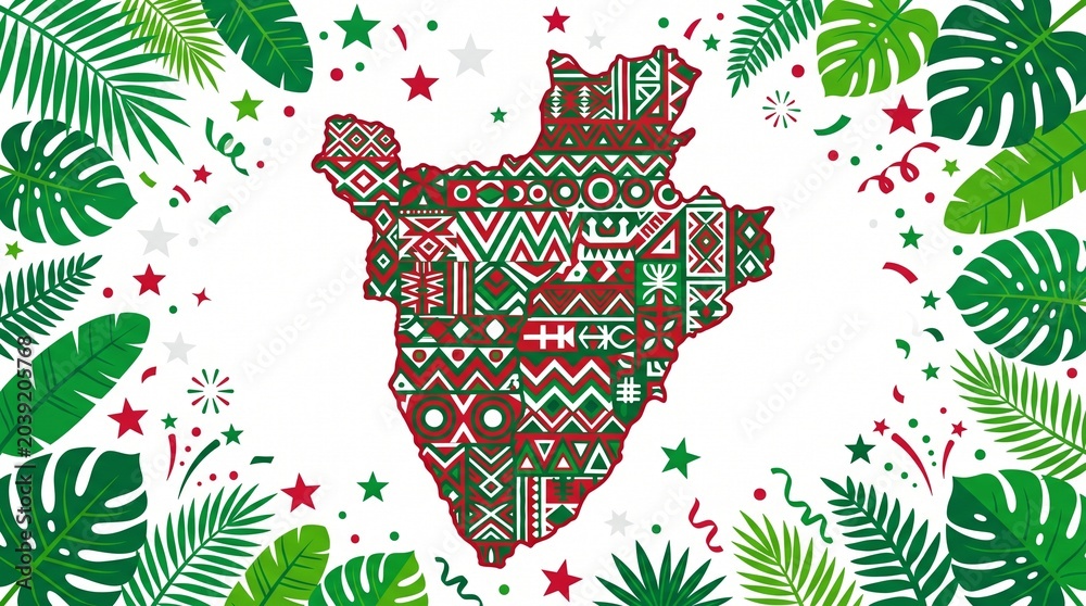 Obraz premium Burundi Map Silhouette Patriotic Pattern Geometric Traditional Textile Motifs Tropical Leaves Stars