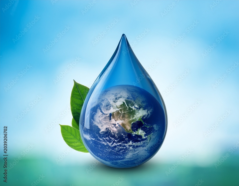 Obraz premium blue drop with earth and leaves concept of world water day nature preservation and global water conservation awareness