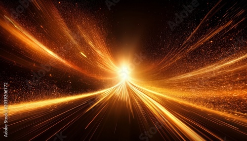 a blazing streak of golden light tears through the darkness leaving a trail of glittering dust and vibrant orange sparks in a display of pure kinetic energy and speed
