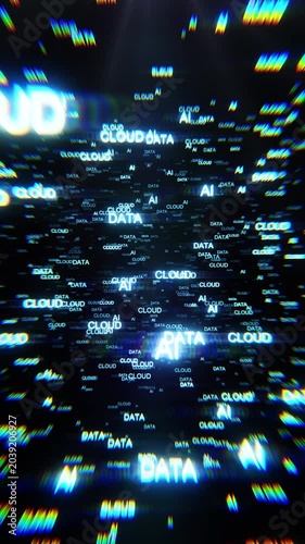 Binary Future Code Data Cloud text Flying Through Digital Space Loop background technology idea concept. Chromatic Aberration Distortion effects. vertical.