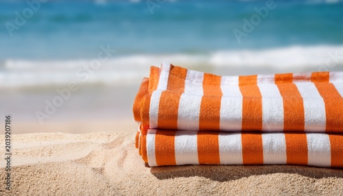 orange and white striped beach towels stacked on sandy shore close up view of folded cotton textiles for summer vacation travel and resort hospitality concepts