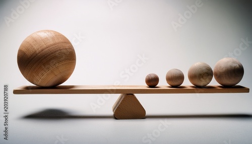 large ball and four small balls balanced on a wooden scale