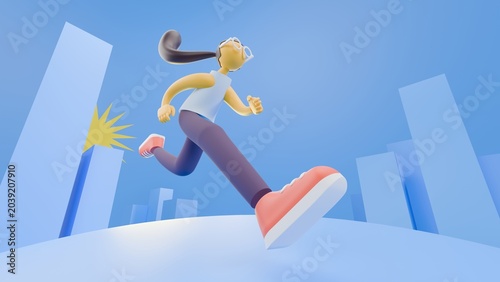 Fotografía Young woman jogging through a city during sunrise, captured from a low angle dynamic perspective in a minimal 3D render style for health and fitness concepts