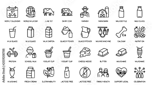 Quadro su tela Dairy Products and Farming Icons Set: Milk, Cheese, Butter, Farmer, Barn, Cow, N