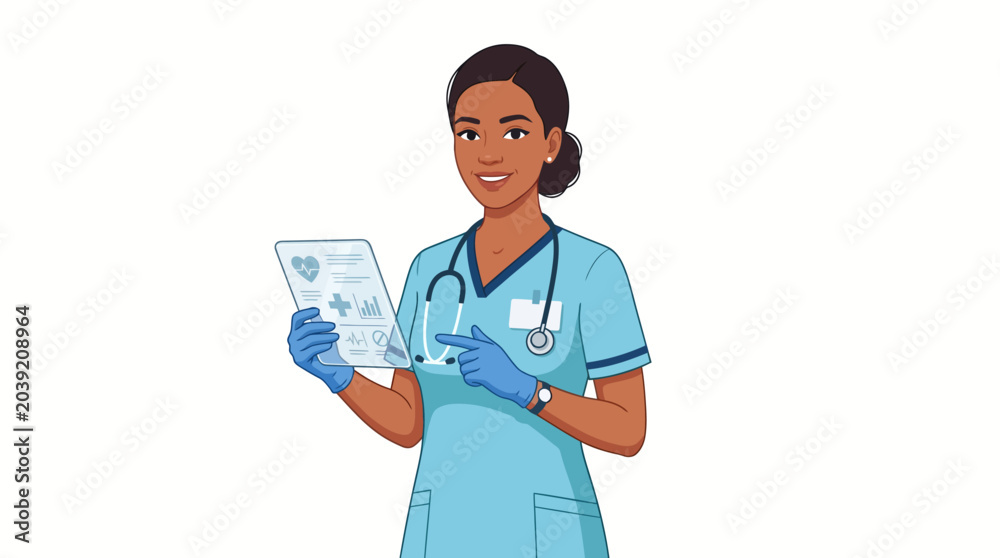 Αυτοκόλλητο A smiling dark-haired female nurse in blue scrubs and gloves holding medical papers with a stethoscope around her neck against a plain white background