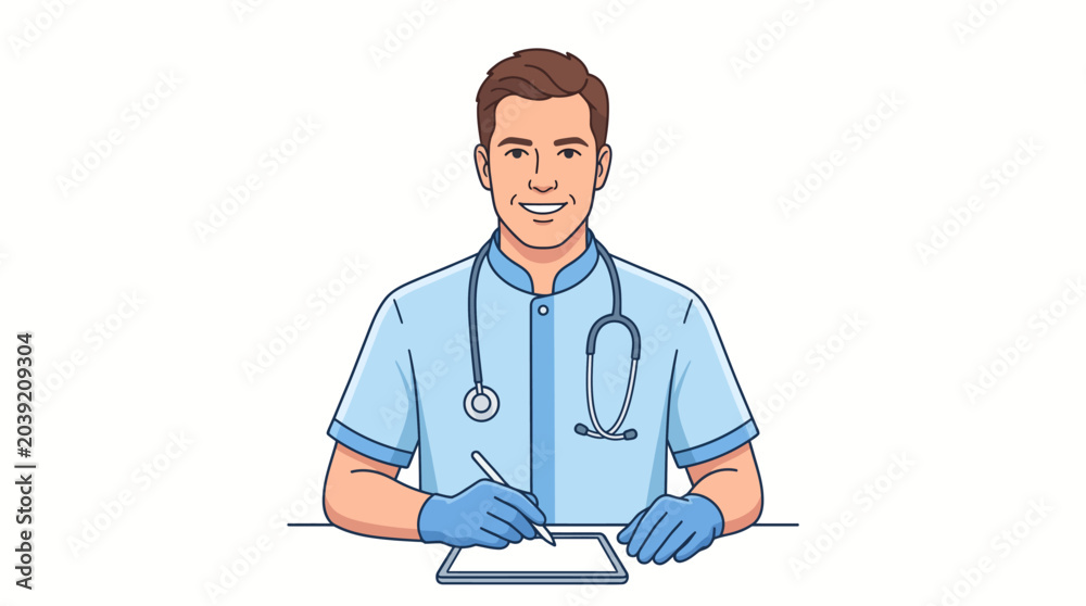 Fototapeta premium Illustration of a smiling male doctor wearing a stethoscope and gloves while writing on a clipboard in a light blue uniform against a plain white background.
