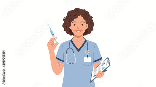 Foto A smiling female nurse in blue scrubs holding a syringe and clipboard against a clean white background with a professional and medical mood