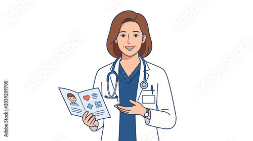 Illustration of a female doctor holding and explaining a medical pamphlet with a stethoscope around her neck on a plain background.