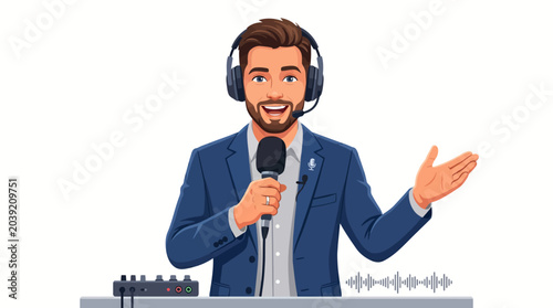 Tableau sur toile Illustration of a smiling man wearing headphones and speaking into a microphone while gesturing with one hand, standing behind a soundboard against a plain white background