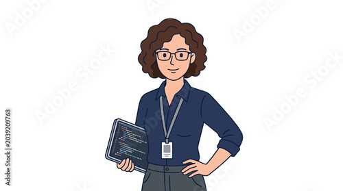 Fotografia Illustration of a confident businesswoman holding a tablet and wearing an ID badge against a clean white background with a professional mood